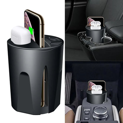 Black X9 car wireless charging cup and base for QI smartphones with Micro USB cable.