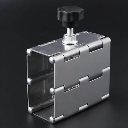 Metal tile levelling tool with hinge mechanism for height adjustment during installation