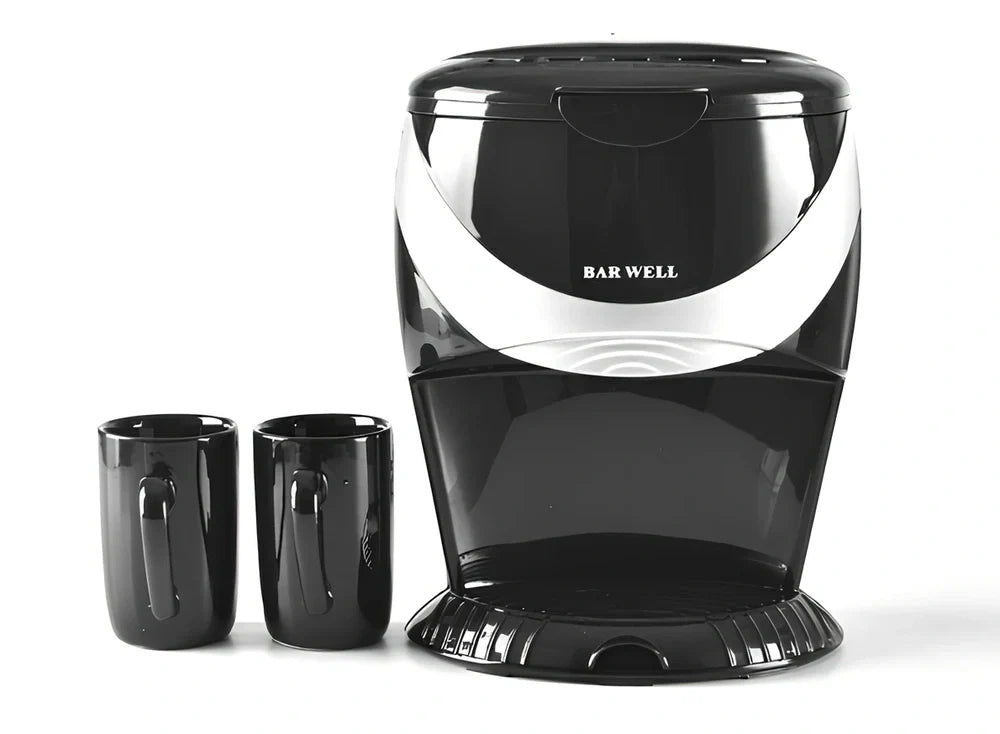 Automatic American coffee machine in black brewing two cups simultaneously with included 180ml ceramic cups and 5g spoon