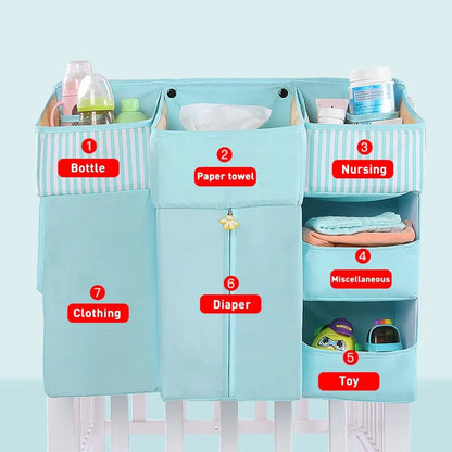 Universal baby crib hanging storage bag in various colors with multiple pockets