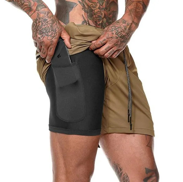 Pocket compression shorts in nylon, moisture-wicking and quick-drying, available in multiple colours and sizes S to 3XL.