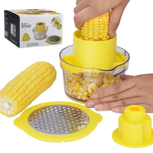 Four stainless steel corn peeling tools in graduated sizes with cylindrical design and ergonomic handles