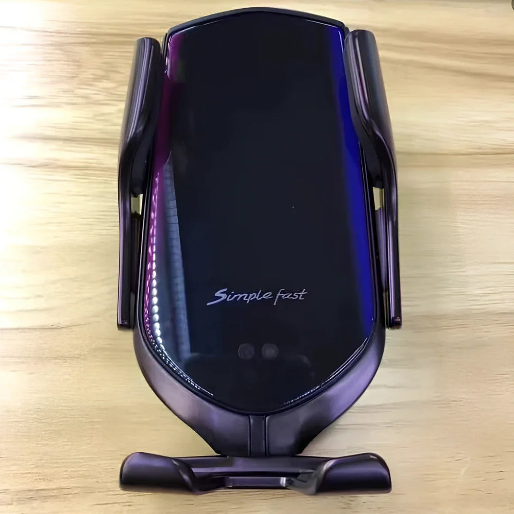 Black car wireless charger phone holder with suction cup mount and 360-degree rotation on a dashboard