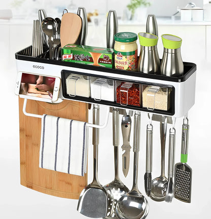 White wall-mounted plastic kitchen storage box for organising tools and utensils