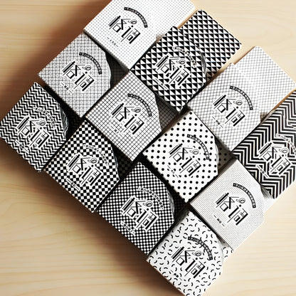 Roll of 15mm wide, 7m long paper tape for DIY hand accounting, showing lattice, wave point, and weave pattern options.