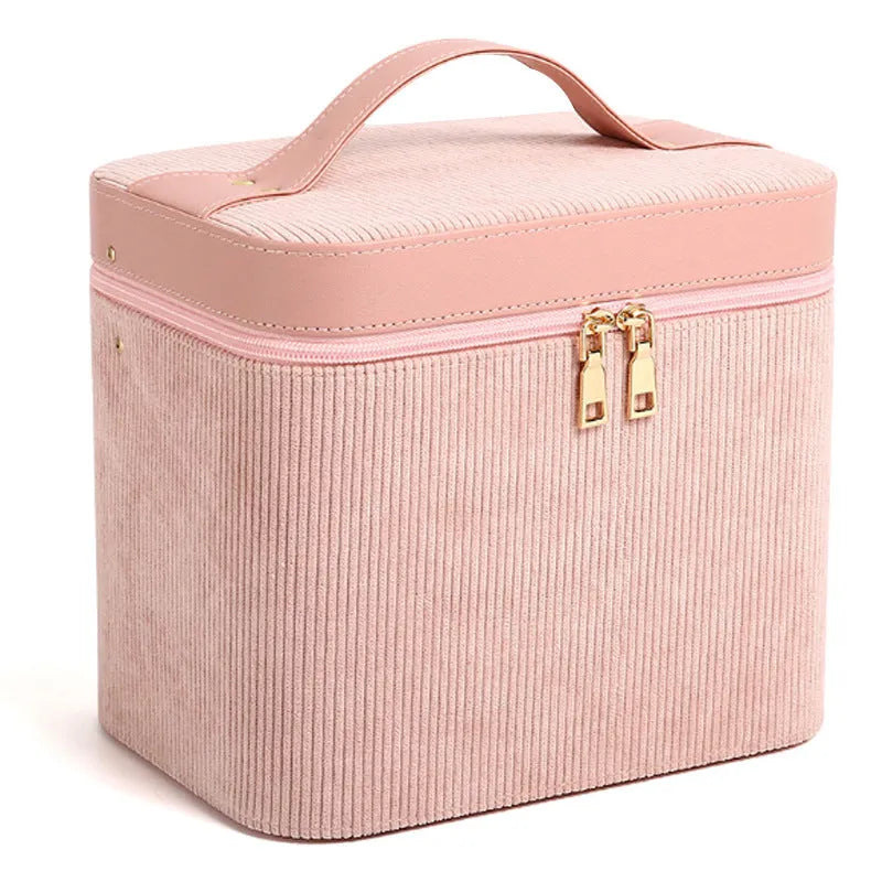 Large corduroy cosmetic storage box with 30-litre capacity in solid colour option with polyester cotton lining