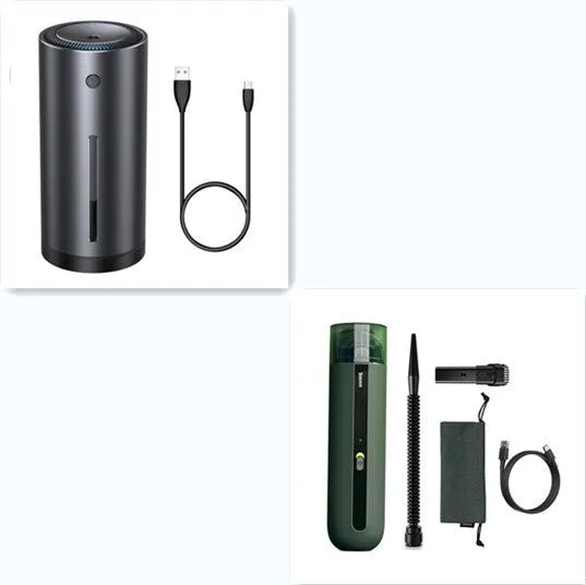 BASEUS handheld car vacuum cleaner in black with blowing hose attachment, showing compact size and dust bin
