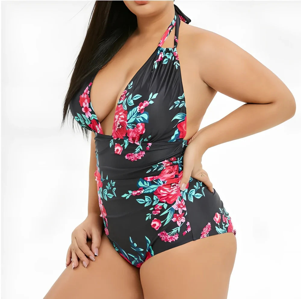 Black printed one-piece swimsuit with V-neck and adjustable straps, sizes XL to 5XL