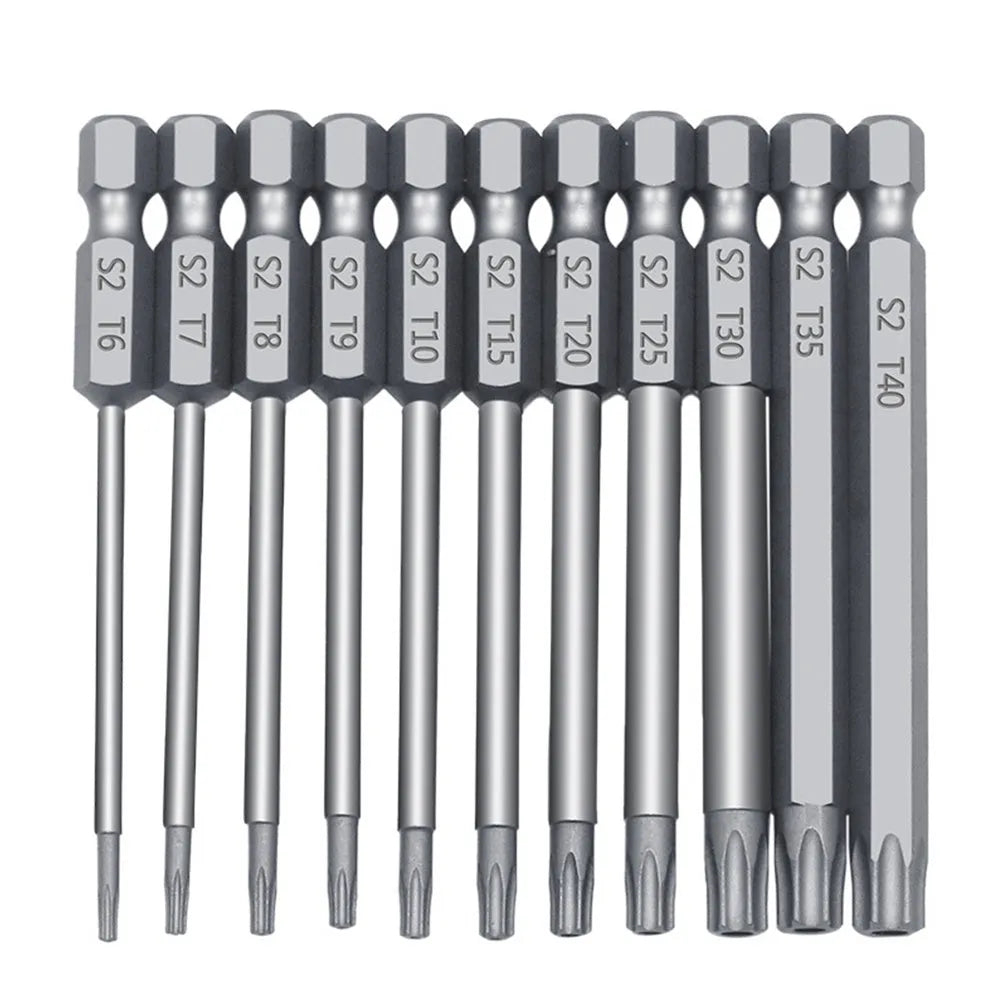 Set of alloy hexagon handle screwdrivers in 50mm, 75mm, and 100mm lengths with plum blossom hollow tips.