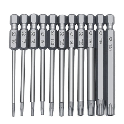 Set of alloy hexagon handle screwdrivers in 50mm, 75mm, and 100mm lengths with plum blossom hollow tips.