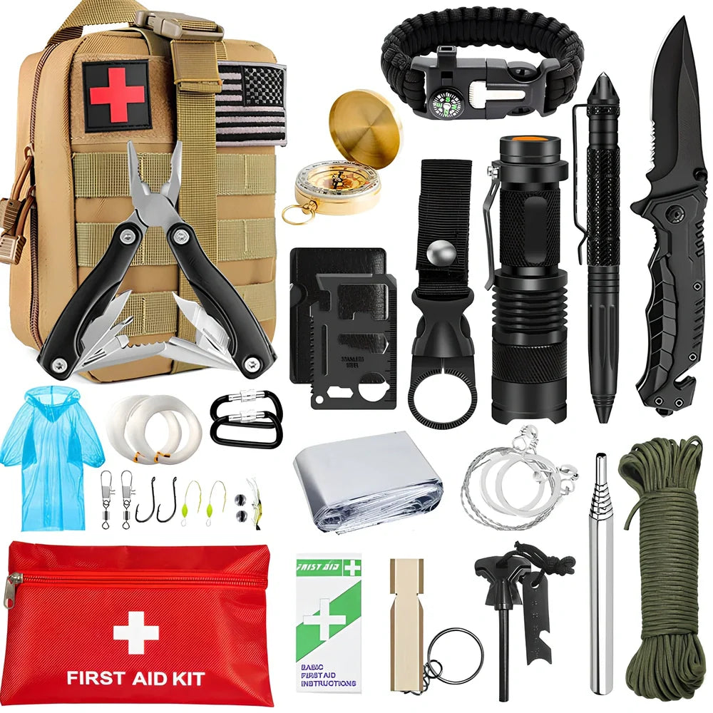 Brown tactical bag holding 13-piece survival kit with knife, compass, blanket, and wire saw for emergency use
