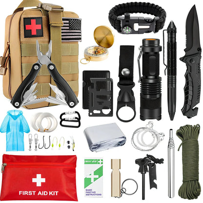 Brown tactical bag holding 13-piece survival kit with knife, compass, blanket, and wire saw for emergency use