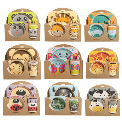 5-piece eco-friendly bamboo fiber children's tableware set with animal designs, including plate, bowl, cup, fork, and spoon