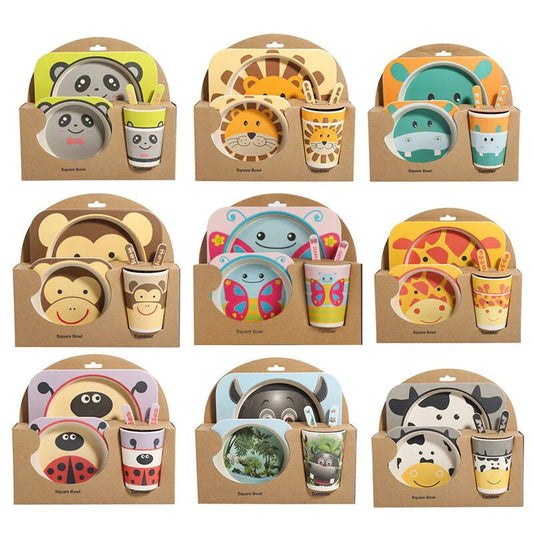 5-piece eco-friendly bamboo fiber children's tableware set with animal designs, including plate, bowl, cup, fork, and spoon