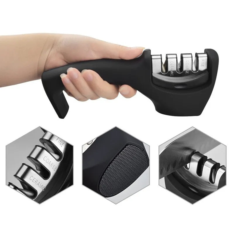 Professional knife sharpener for kitchen knives with three-level tungsten wire sharpening system, anti-slip rubber feet, constructed from ABS plastic and measuring 20.5cm long by 6cm wide by 7.5cm high