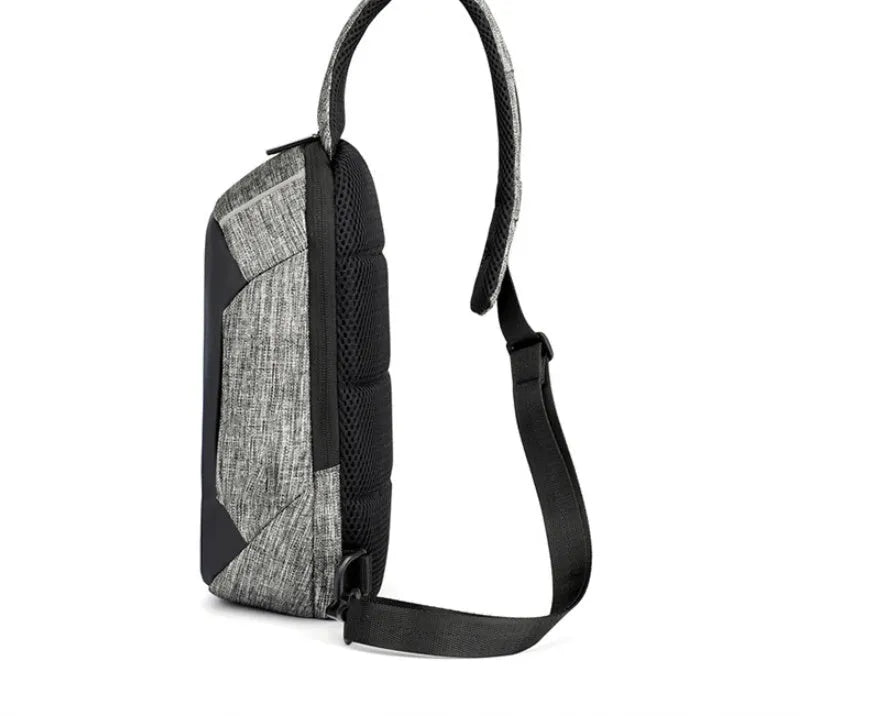 Dark blue Oxford waterproof chest bag with zipper opening, measuring 18cm wide by 31cm high