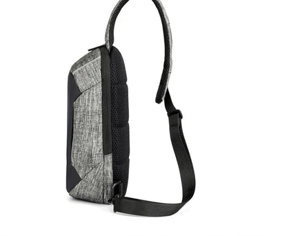 Dark blue Oxford waterproof chest bag with zipper opening, measuring 18cm wide by 31cm high