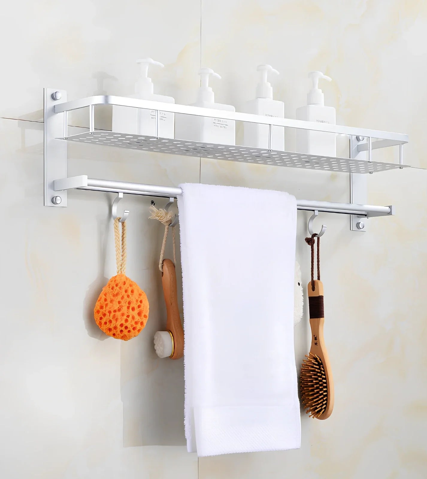 Silver aluminium 2-layer wall-mounted towel rack, 49cm length, for bathroom storage