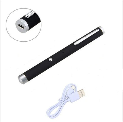 Set of three 5mw green laser pointer pens in black, camouflage, and white colours on a desk.