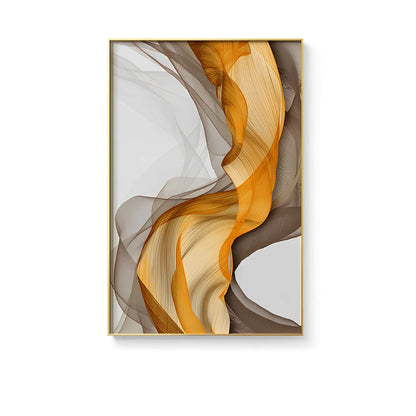 Three-piece abstract canvas painting set with yellow grey design in solid wood frame on white wall