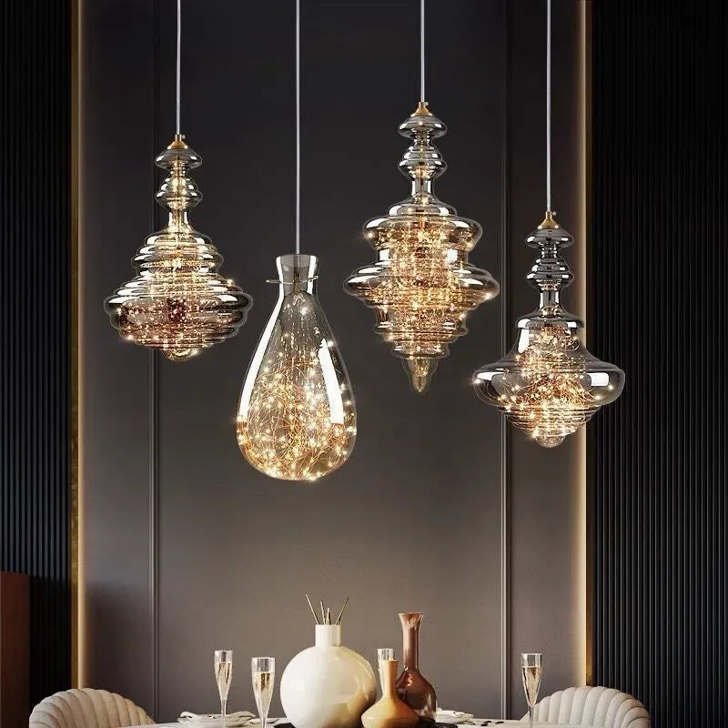 Modern glass chandelier small droplight LED ceiling lamp with adjustable height up to 2000 mm in monochrome warm light or tricolour remote control options for decorative lighting in E style, A, B, C, D variants.
