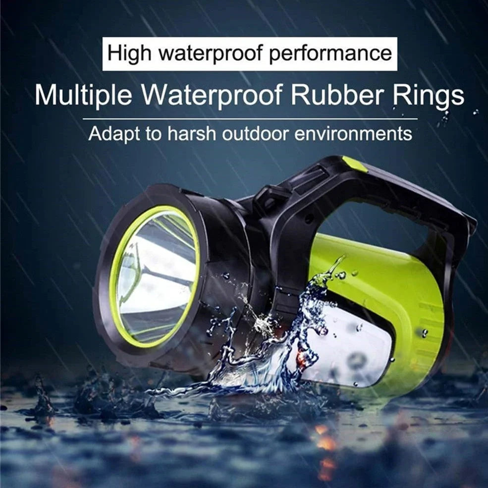 Portable LED flashlight with adjustable strap showing 6000 lumens brightness and 800m range specifications