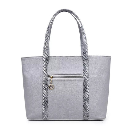 Women's stylish shoulder bag with zipper closure and multiple pockets in light gray, black, off-white, and rose red.