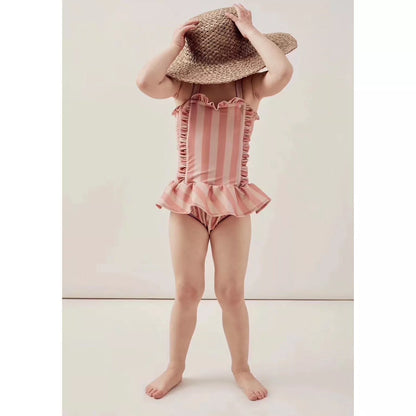 Girls Siamese Striped Princess Wind Lace Swimsuit for summer water activities