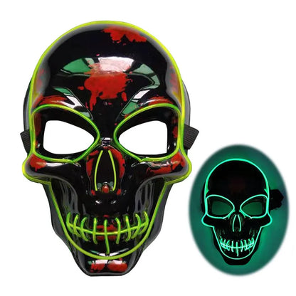 Blue LED glow skeleton mask with flashing lights on a person's face