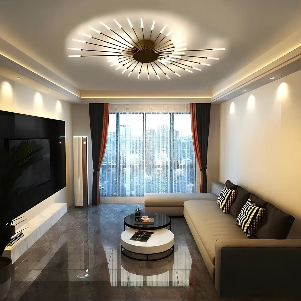 Ceiling room light with decorative iron framework and multiple bulb heads in gold or sand black finish