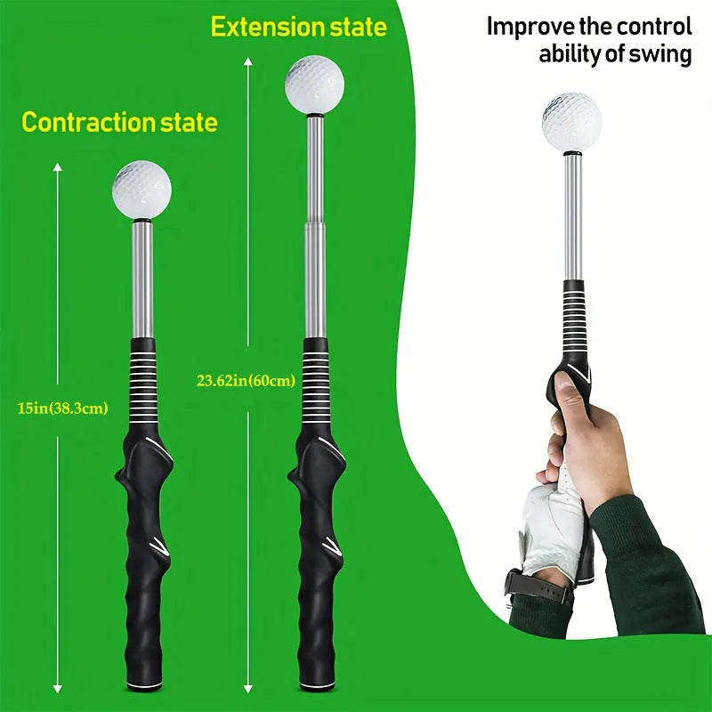 Golf telescopic swing simulator with adjustable stainless steel shaft and weighted head in black, blue, or red colours