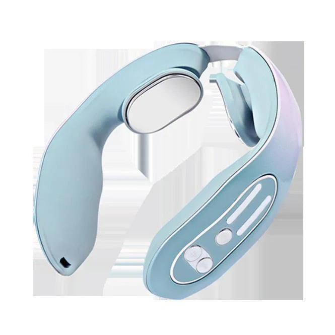 EMS Neck Massager with Heat in blue, showing ergonomic design and USB charging