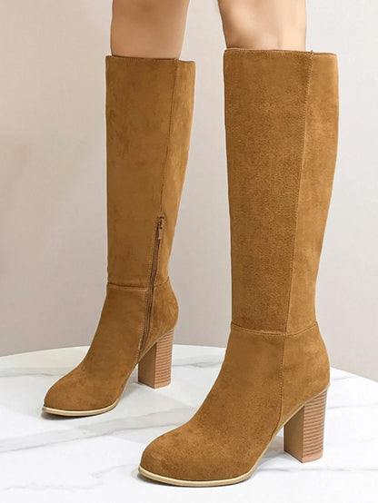 Women's square toe high heel boots in artificial PU material with block heel