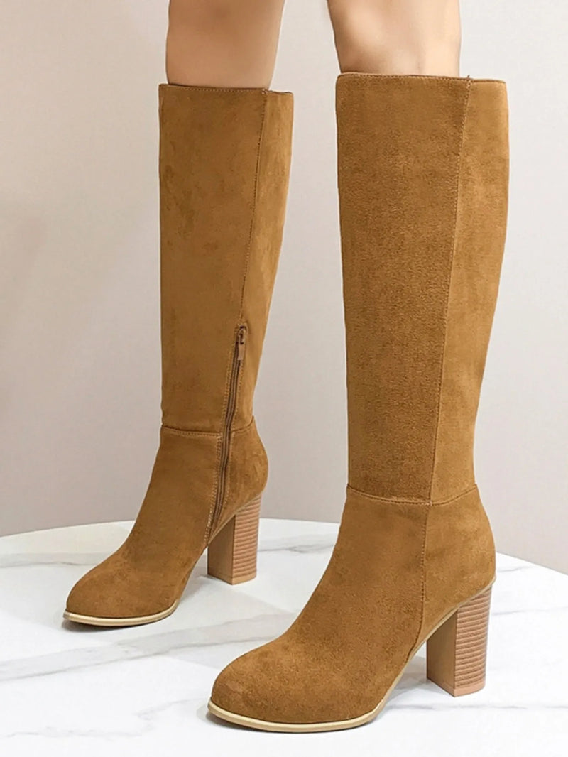 Women's Square Toe High Heel Fashion Boots in Black or Dark Brown Artificial PU Upper Sizes 36 to 42 Casual Staple Footwear with Block Heel Support