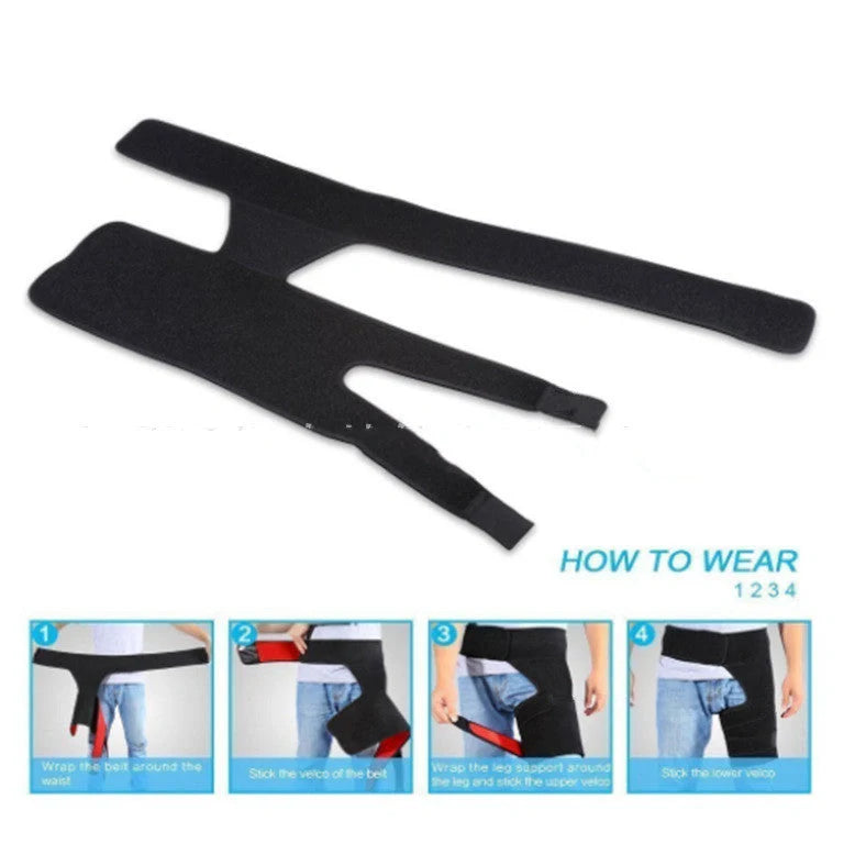 Inguinal hip support strap with rubber construction and adjustable fastening