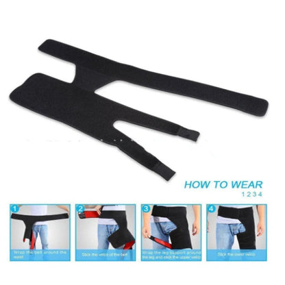 Inguinal hip support strap with rubber construction and adjustable fastening