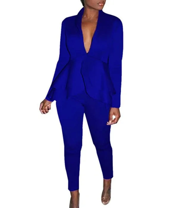 Ruffled shirt and pencil pants business casual wear set in polyester fabric