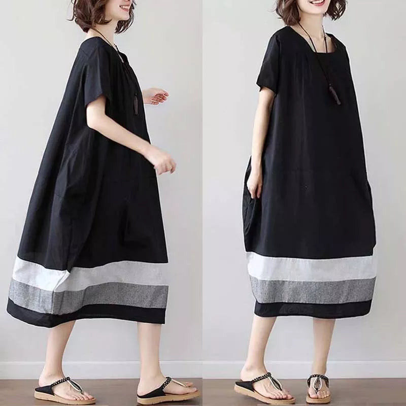 Black linen short sleeve dress for women in large size, perfect for summer.
