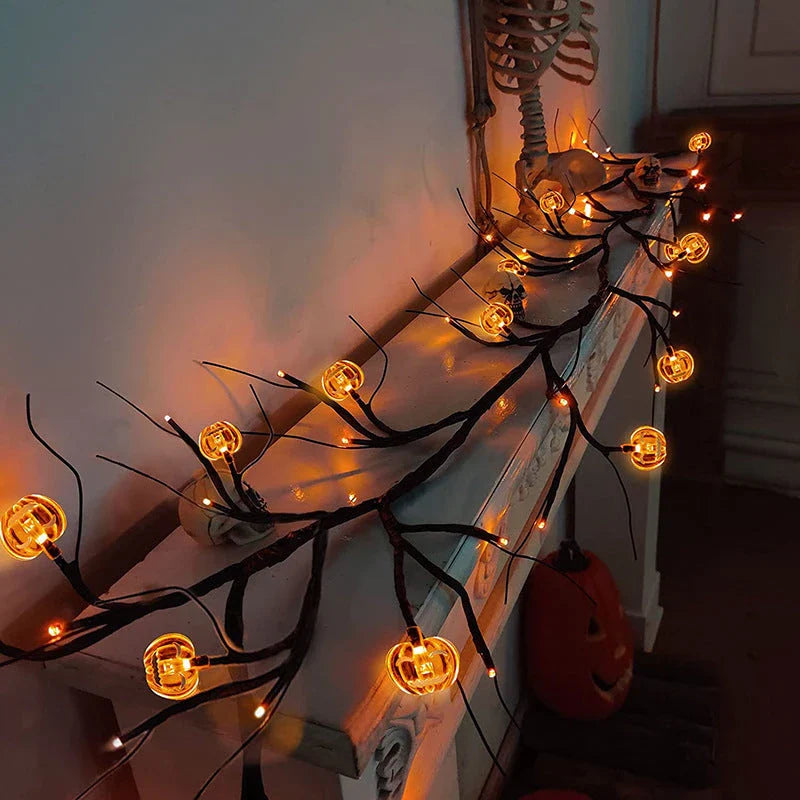 Halloween Willow Vine String Lights with Spooky Bats and Pumpkins for Indoor and Outdoor Decoration