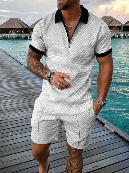 Men's casual color contrast polo zip lapel shirt short sleeve suit in various colors