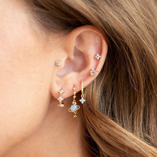 Gold and silver flower ear studs with zircon mosaic detailing, Japanese Korean style design