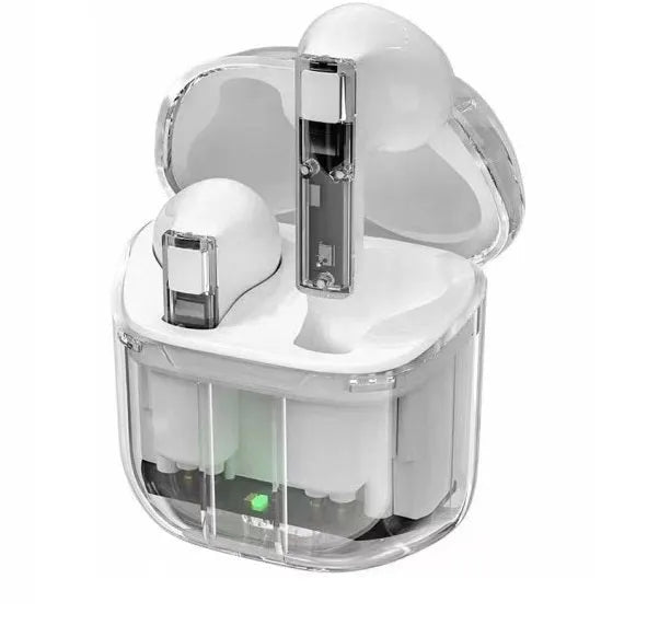 Transparent capsule case containing true wireless Bluetooth earbuds in light blue, showing digital display.