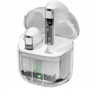 Transparent capsule case containing true wireless Bluetooth earbuds in light blue, showing digital display.