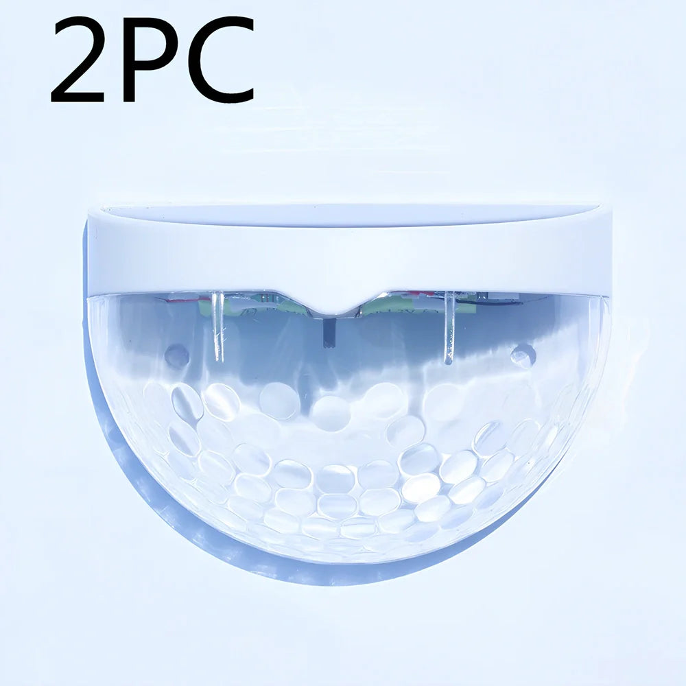Pair of white waterproof solar semicircular fence lamps with water drop effect, IP65 rated for garden use, 90x62x50mm