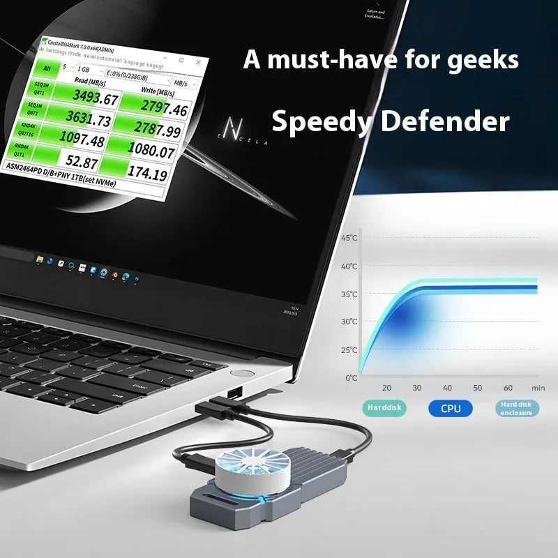 Silver aluminium USB4 external hard drive enclosure for NVMe M.2 SSDs with Type-C port