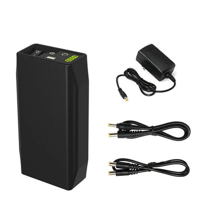 LF4100 compact black 12V lithium iron phosphate battery with output ports and included charger.
