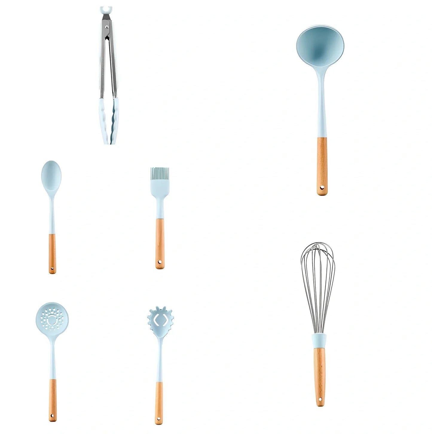Blue silicone non-stick cookware set with frying spatula, colander, egg beater, and white iron storage bucket for kitchen organisation