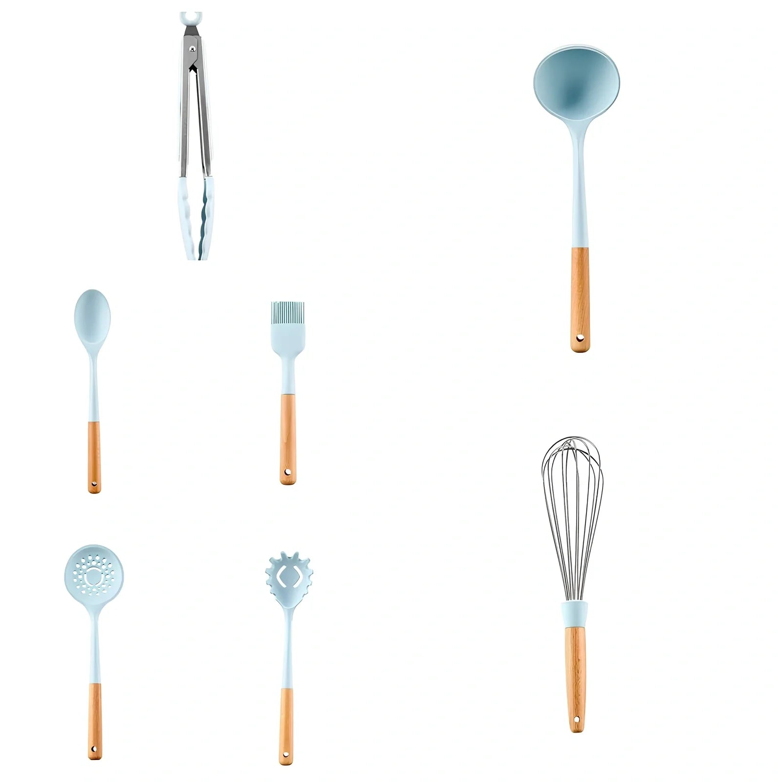 Blue silicone non-stick cookware set with frying spatula, colander, egg beater, and white iron storage bucket for kitchen organisation