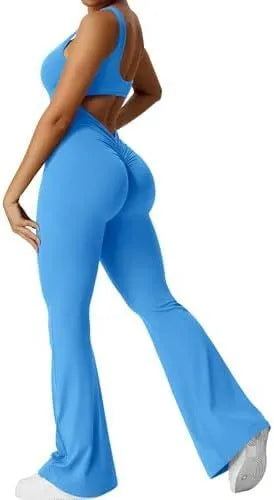 Women's sleeveless flare jumpsuit for yoga in high elasticity polyester fabric.