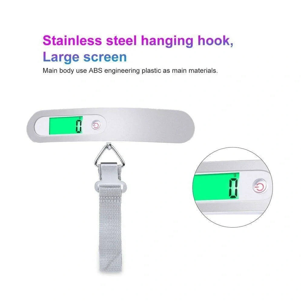 Silver digital luggage scale with LCD display showing weight measurement and integrated hanging belt